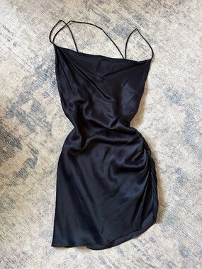 Zara Navy Satin Mini Slip Dress with Side Ruched Detail